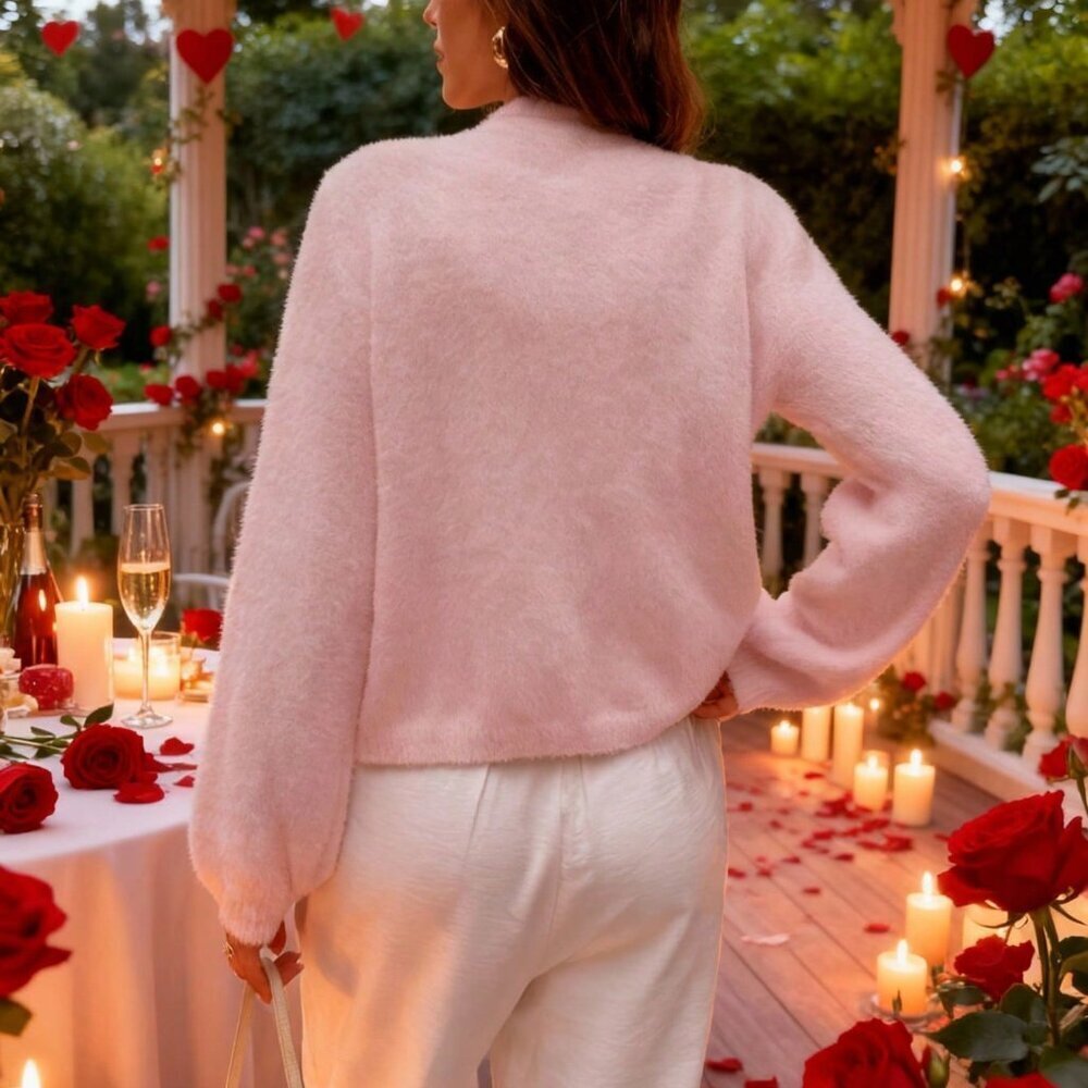 Baby Pink Casual Women's Round Neck Loose Valentine's Day Cardigan - Picture 2 of 5